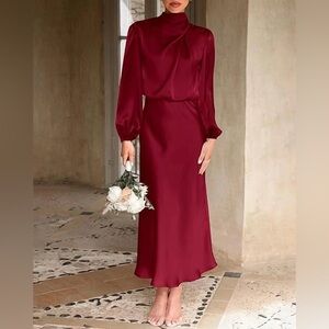Elegant Burgundy Long Sleeve Satin Dress